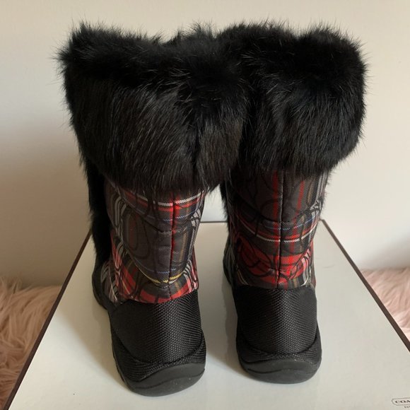 COACH JENNIE SIGNATURE "C" PLAID WITH RABBIT FUR TRIM BOOTIE BOOTS - Picture 5 of 12